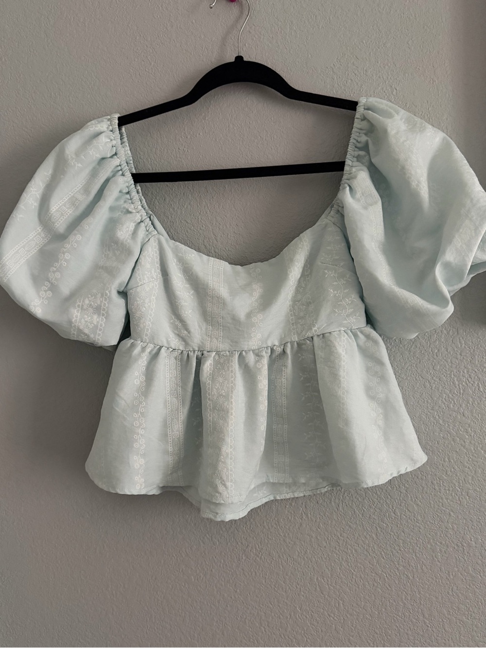 Embroidery Puff Sleeve Peplum Blouse in Light Icy Mint Blue Color S Small